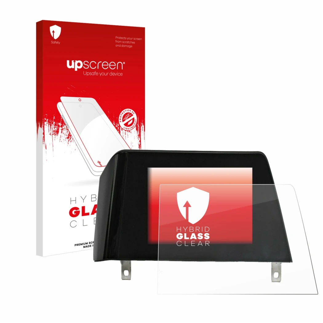 Parte frontale di una confezione del prodotto con il logo del marchio upscreen. Accanto è raffigurato il dispositivo BMW 3 G21