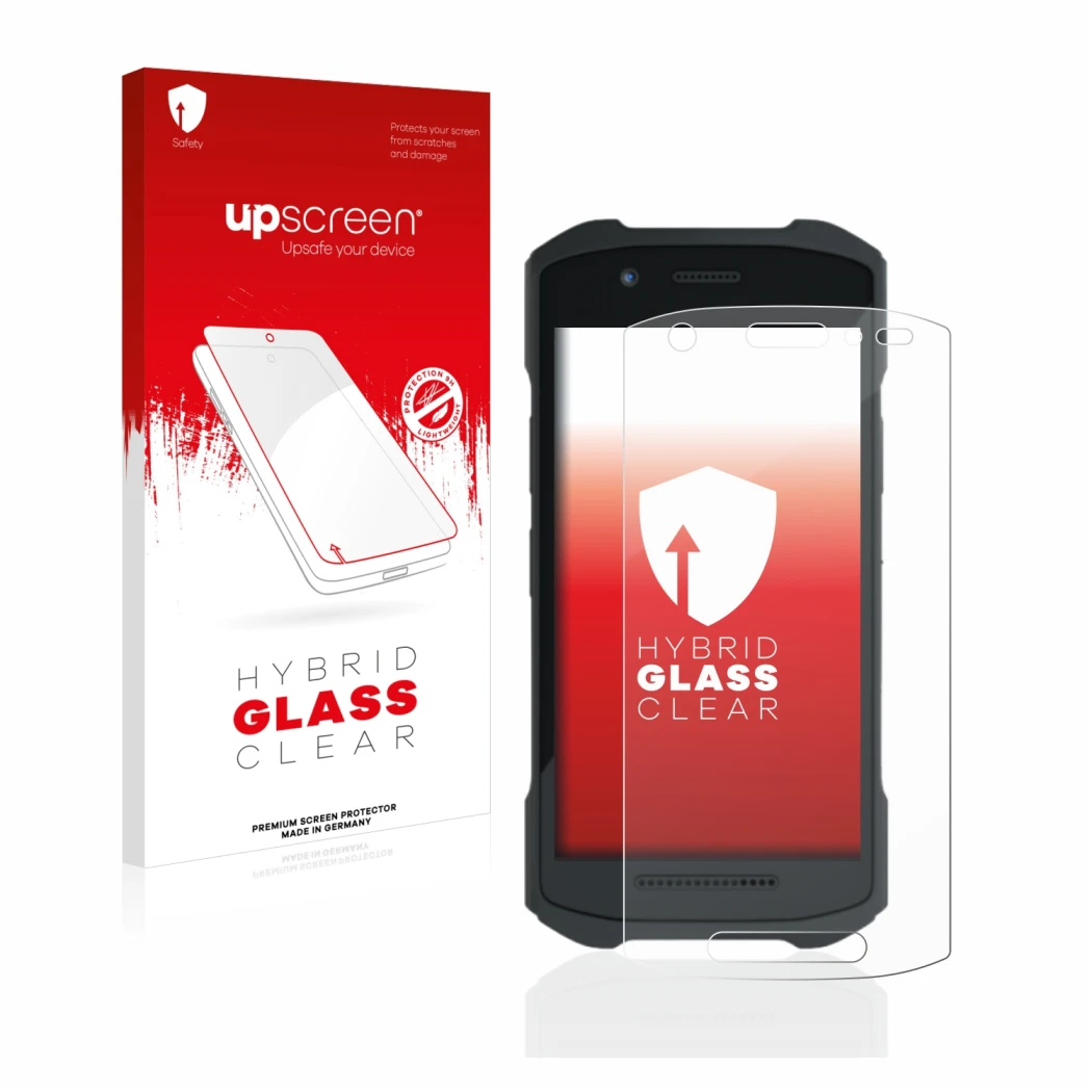 Parte frontale di una confezione del prodotto con il logo del marchio upscreen. Accanto è raffigurato il dispositivo Zebra TC2