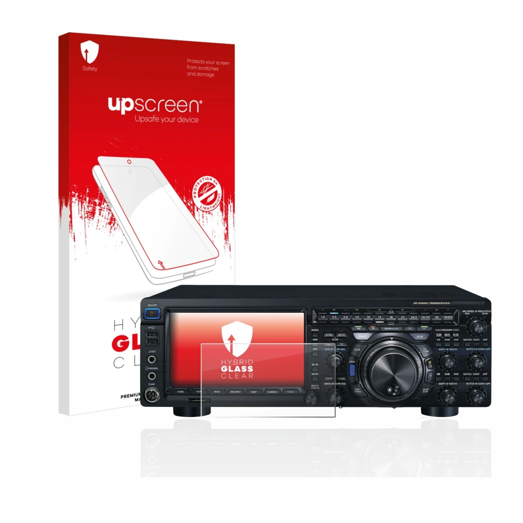 Parte frontale di una confezione del prodotto con il logo del marchio upscreen. Accanto è raffigurato il dispositivo Yaesu FT-