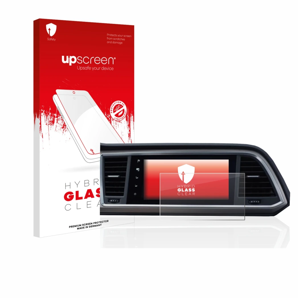 Parte frontale di una confezione del prodotto con il logo del marchio upscreen. Accanto è raffigurato il dispositivo Seat Atec