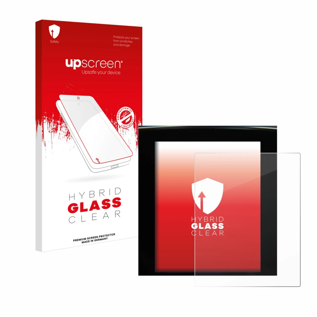 Parte frontale di una confezione del prodotto con il logo del marchio upscreen. Accanto è raffigurato il dispositivo Renault M