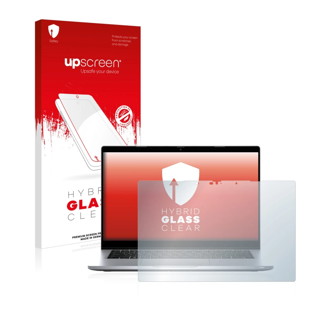 Parte frontale di una confezione del prodotto con il logo del marchio upscreen. Accanto è raffigurato il dispositivo Dell Lati