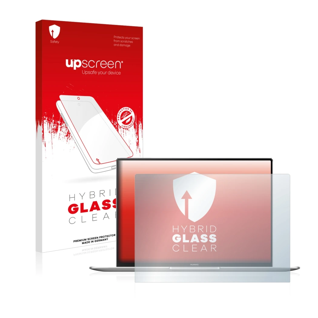 Parte frontale di una confezione del prodotto con il logo del marchio upscreen. Accanto è raffigurato il dispositivo Huawei Ma