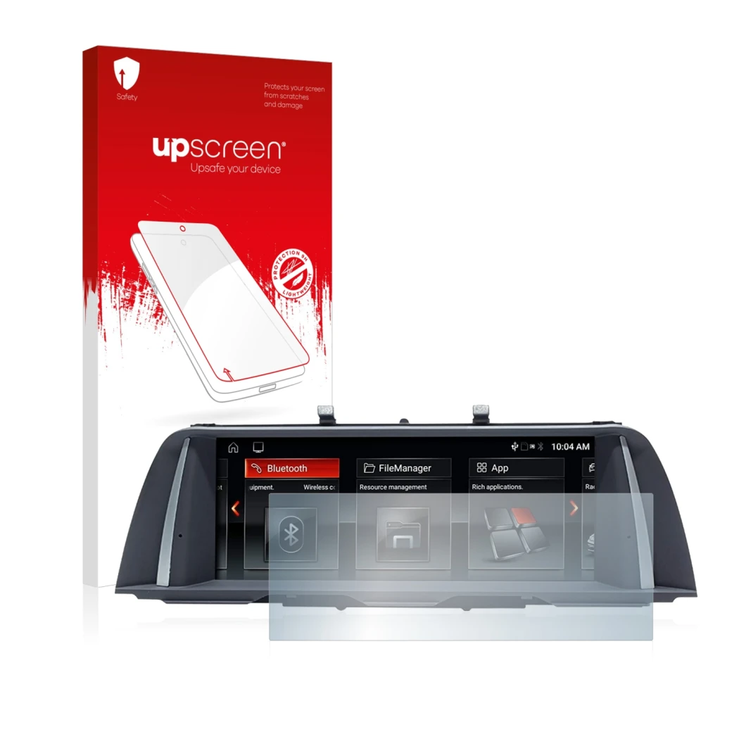 Parte frontale di una confezione del prodotto con il logo del marchio upscreen. Accanto è raffigurato il dispositivo BMW 5 F10