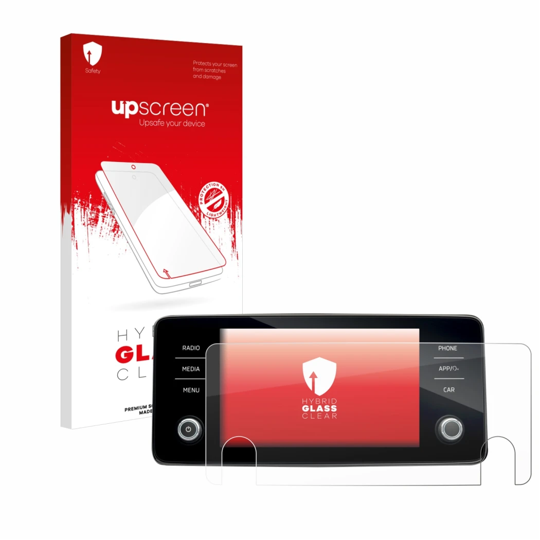 Parte frontale di una confezione del prodotto con il logo del marchio upscreen. Accanto è raffigurato il dispositivo Skoda Bol