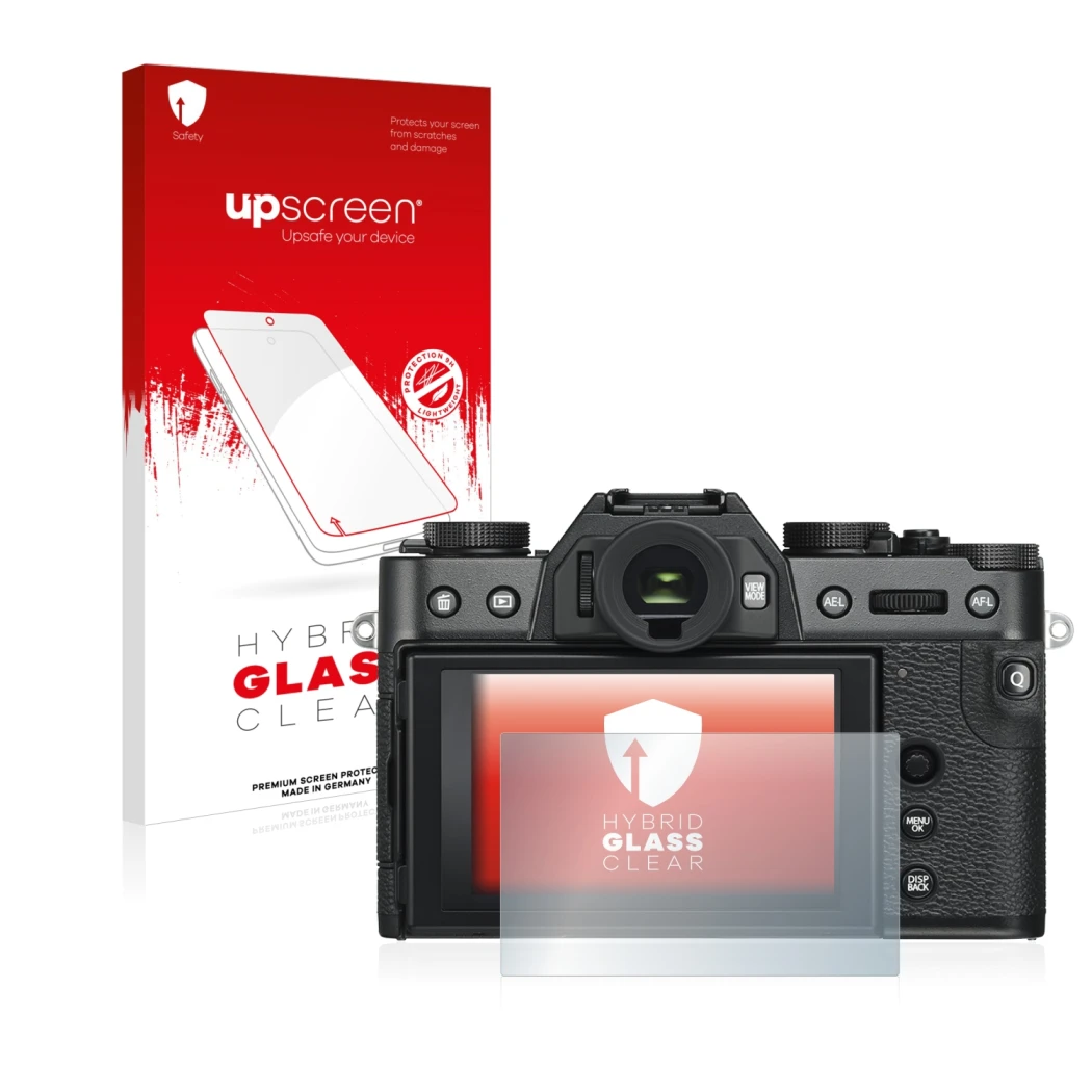 Parte frontale di una confezione del prodotto con il logo del marchio upscreen. Accanto è raffigurato il dispositivo Fujifilm 