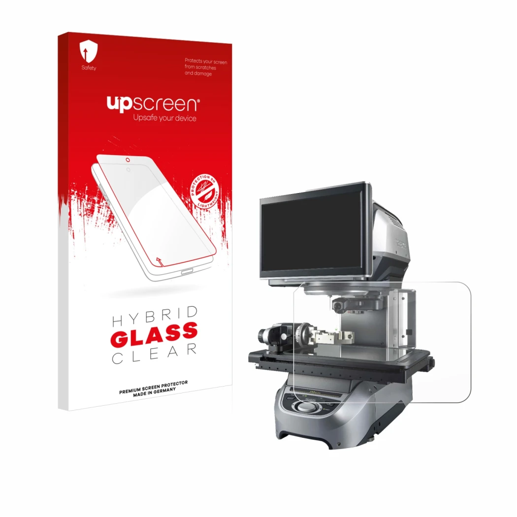 Parte frontale di una confezione del prodotto con il logo del marchio upscreen. Accanto è raffigurato il dispositivo Keyence I