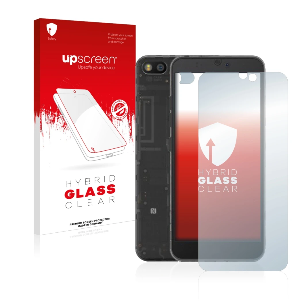 Parte frontale di una confezione del prodotto con il logo del marchio upscreen. Accanto è raffigurato il dispositivo Fairphone