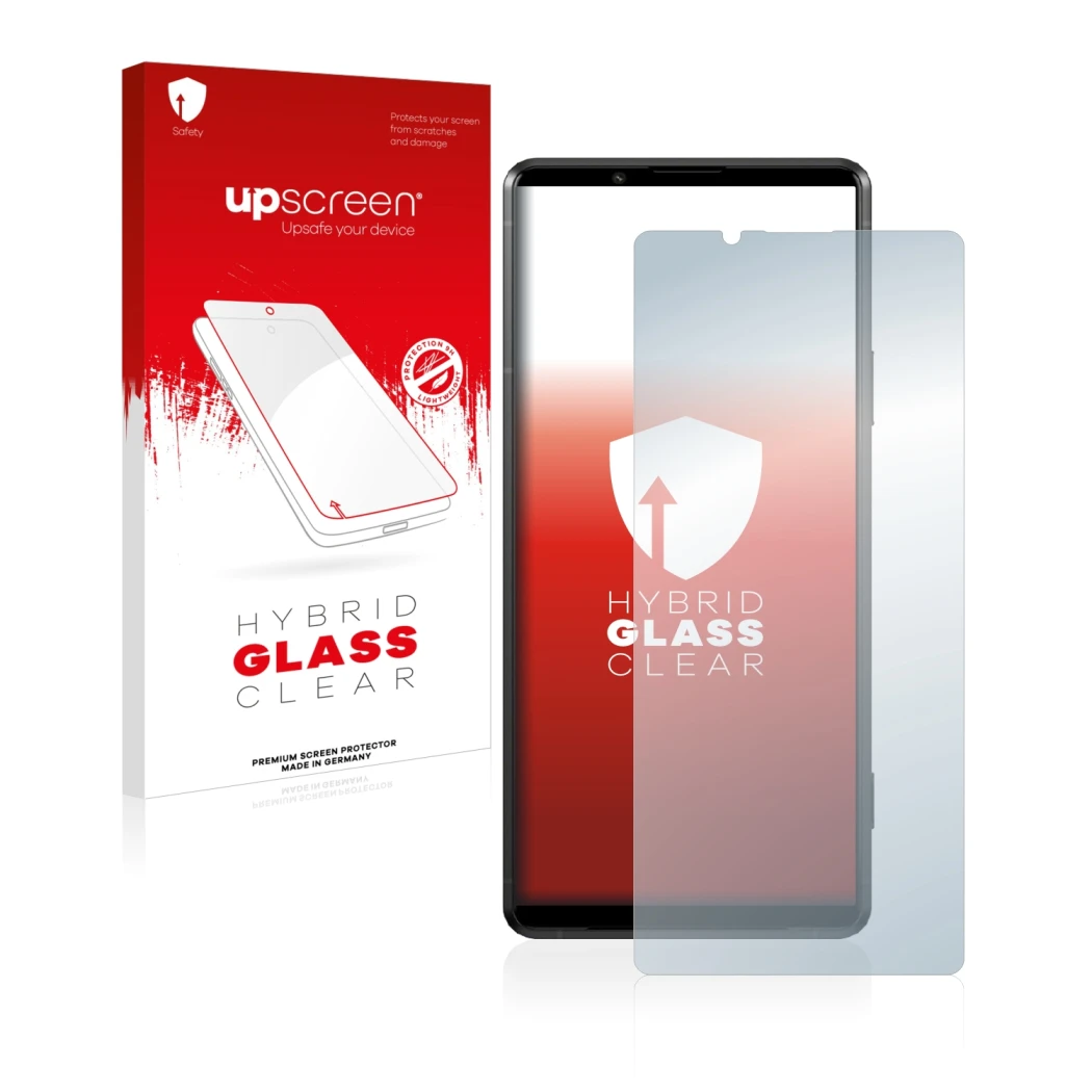 Parte frontale di una confezione del prodotto con il logo del marchio upscreen. Accanto è raffigurato il dispositivo Sony Xper