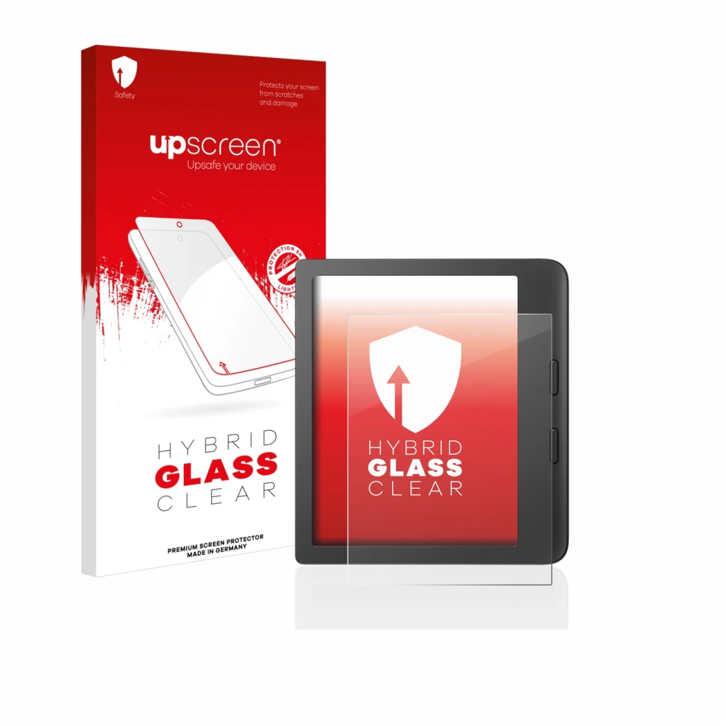 Parte frontale di una confezione del prodotto con il logo del marchio upscreen. Accanto è raffigurato il dispositivo Tolino Vi