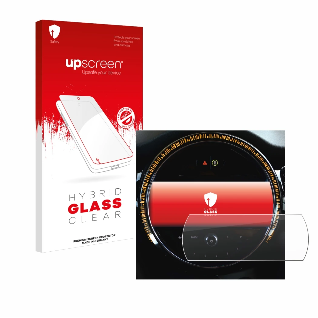 Parte frontale di una confezione del prodotto con il logo del marchio upscreen. Accanto è raffigurato il dispositivo Mini Coop