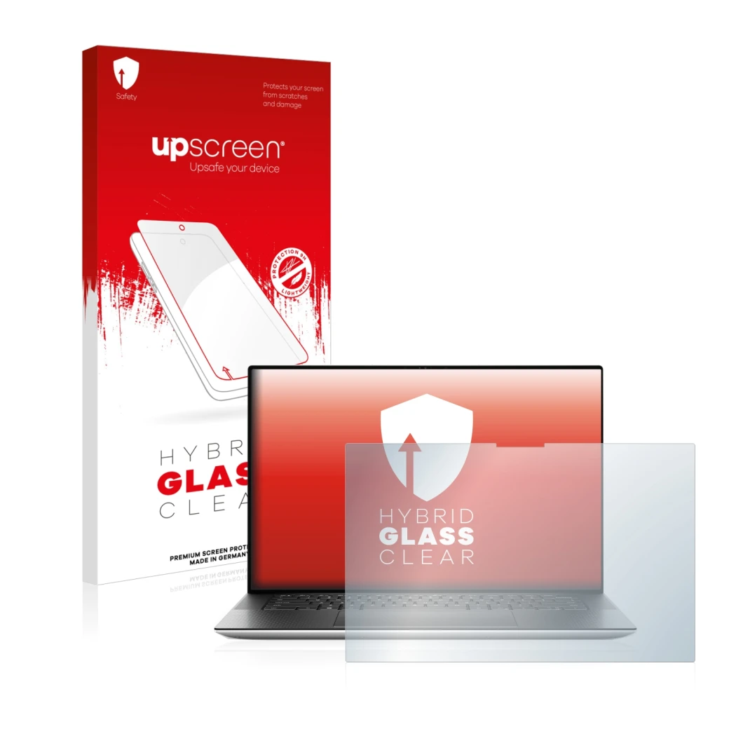 Parte frontale di una confezione del prodotto con il logo del marchio upscreen. Accanto è raffigurato il dispositivo Dell XPS