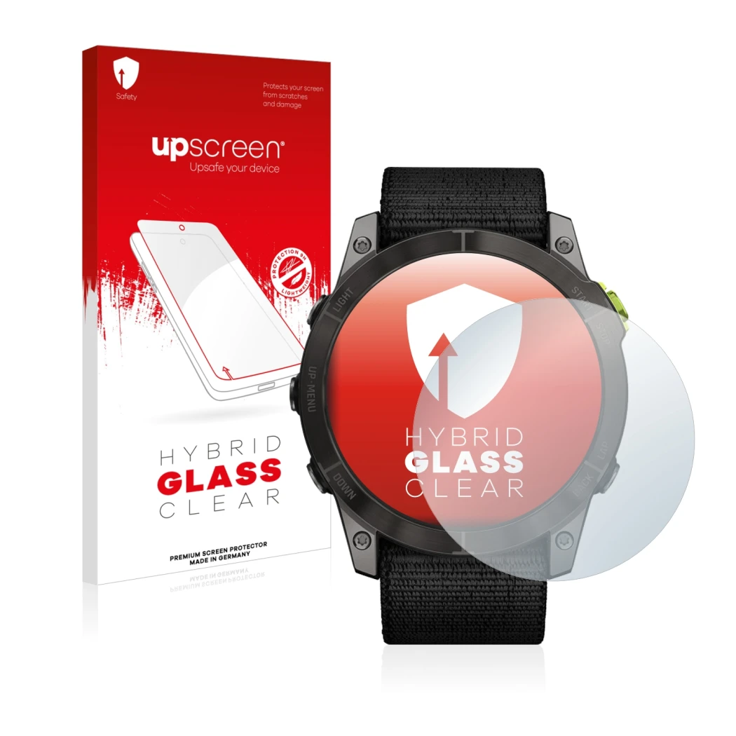 Parte frontale di una confezione del prodotto con il logo del marchio upscreen. Accanto è raffigurato il dispositivo Garmin En