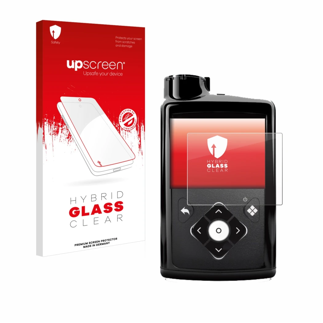 Parte frontale di una confezione del prodotto con il logo del marchio upscreen. Accanto è raffigurato il dispositivo Medtronic