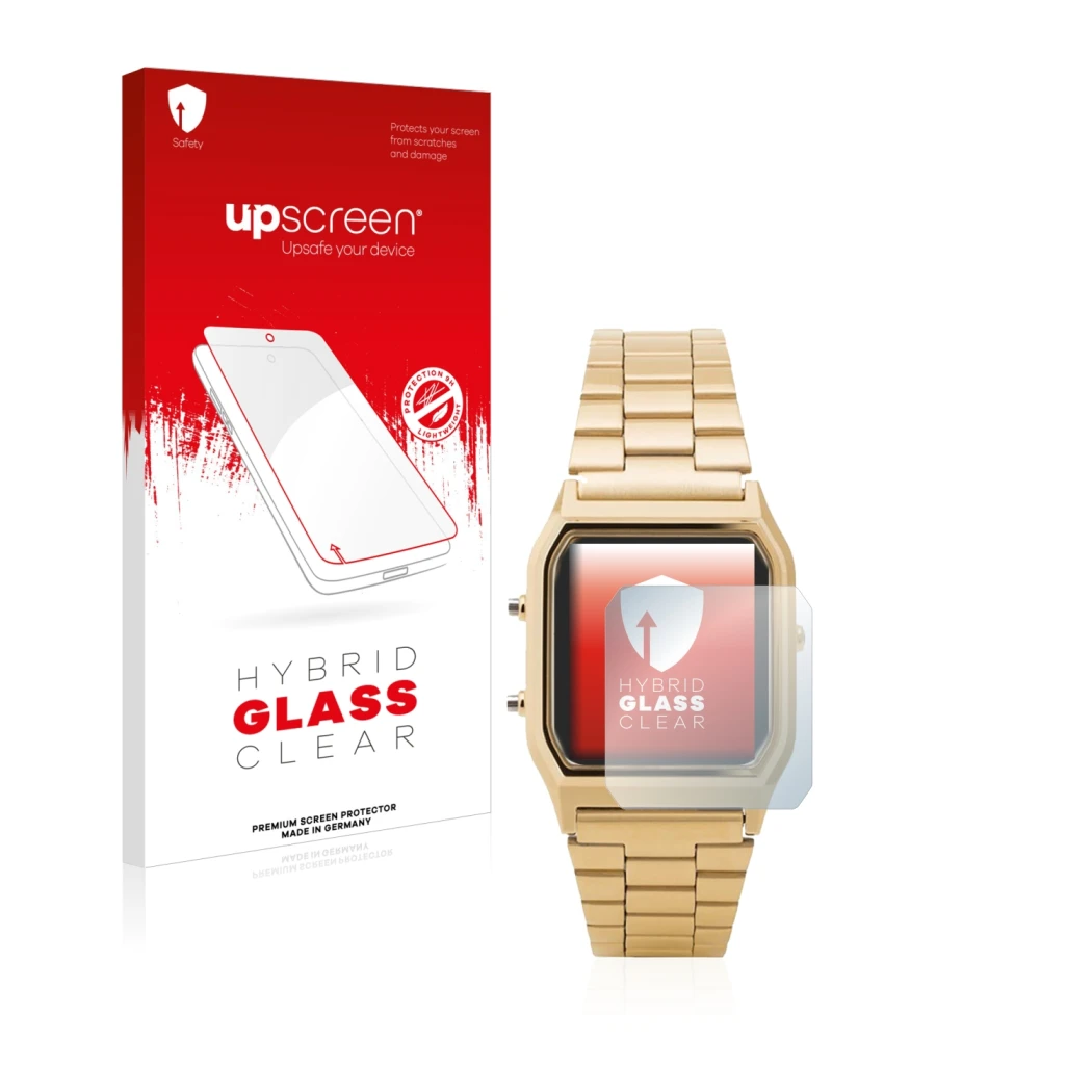 Parte frontale di una confezione del prodotto con il logo del marchio upscreen. Accanto è raffigurato il dispositivo Casio AQ-