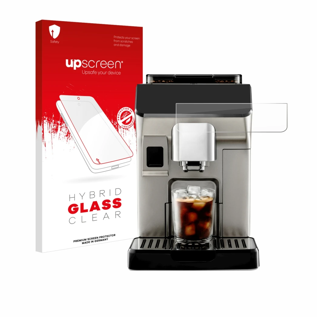 Parte frontale di una confezione del prodotto con il logo del marchio upscreen. Accanto è raffigurato il dispositivo DeLonghi 