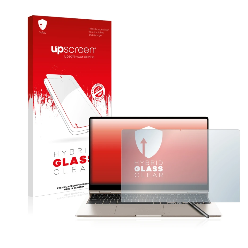 Parte frontale di una confezione del prodotto con il logo del marchio upscreen. Accanto è raffigurato il dispositivo Samsung G