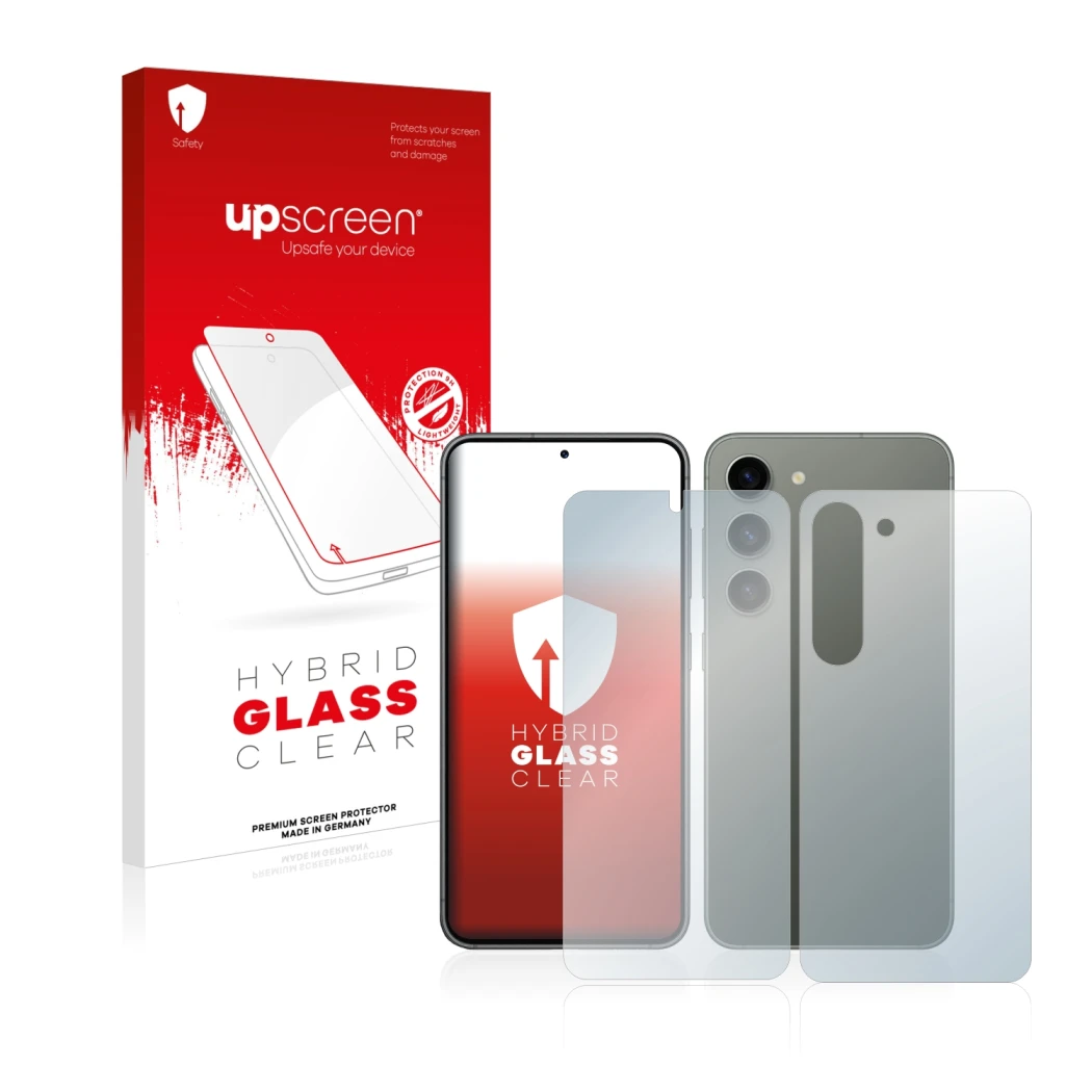 Parte frontale di una confezione del prodotto con il logo del marchio upscreen. Accanto è raffigurato il dispositivo Samsung G