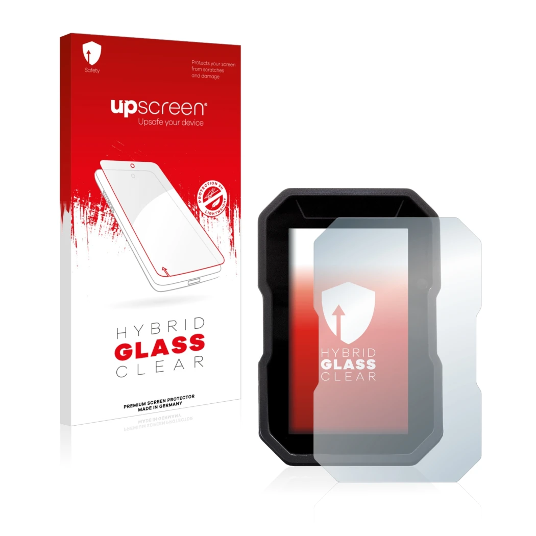 Parte frontale di una confezione del prodotto con il logo del marchio upscreen. Accanto è raffigurato il dispositivo Ducati De