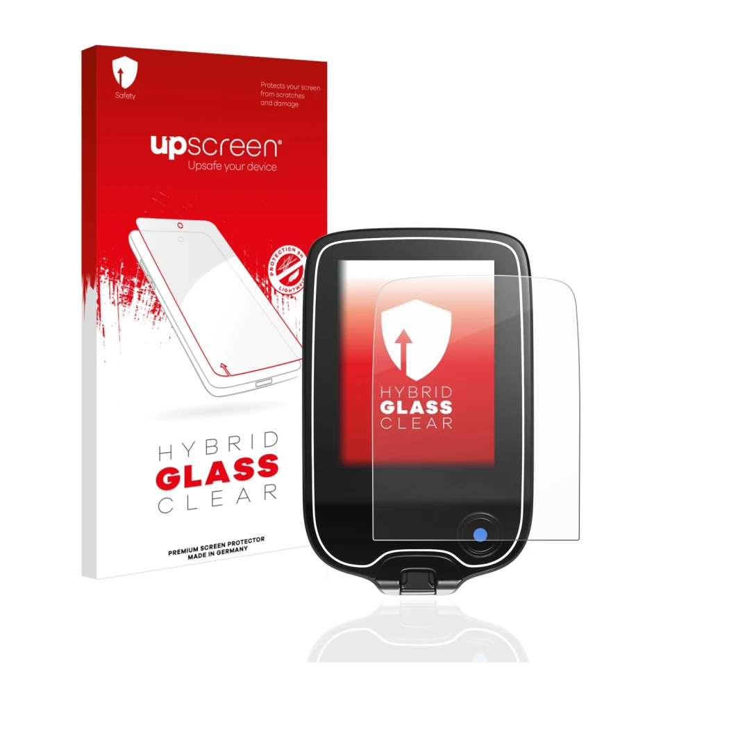 Parte frontale di una confezione del prodotto con il logo del marchio upscreen. Accanto è raffigurato il dispositivo Freestyle