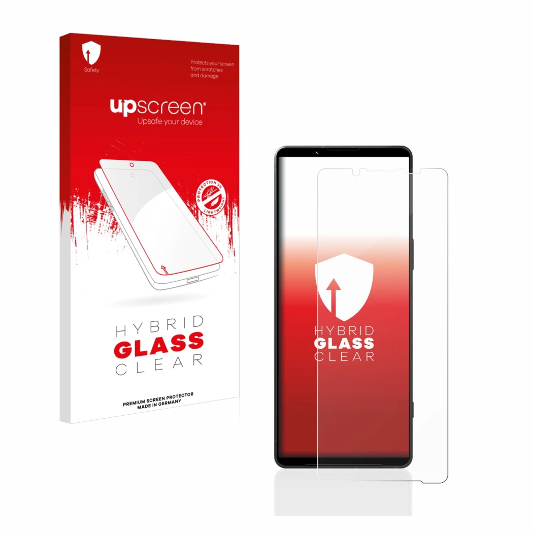 Parte frontale di una confezione del prodotto con il logo del marchio upscreen. Accanto è raffigurato il dispositivo Sony Xper