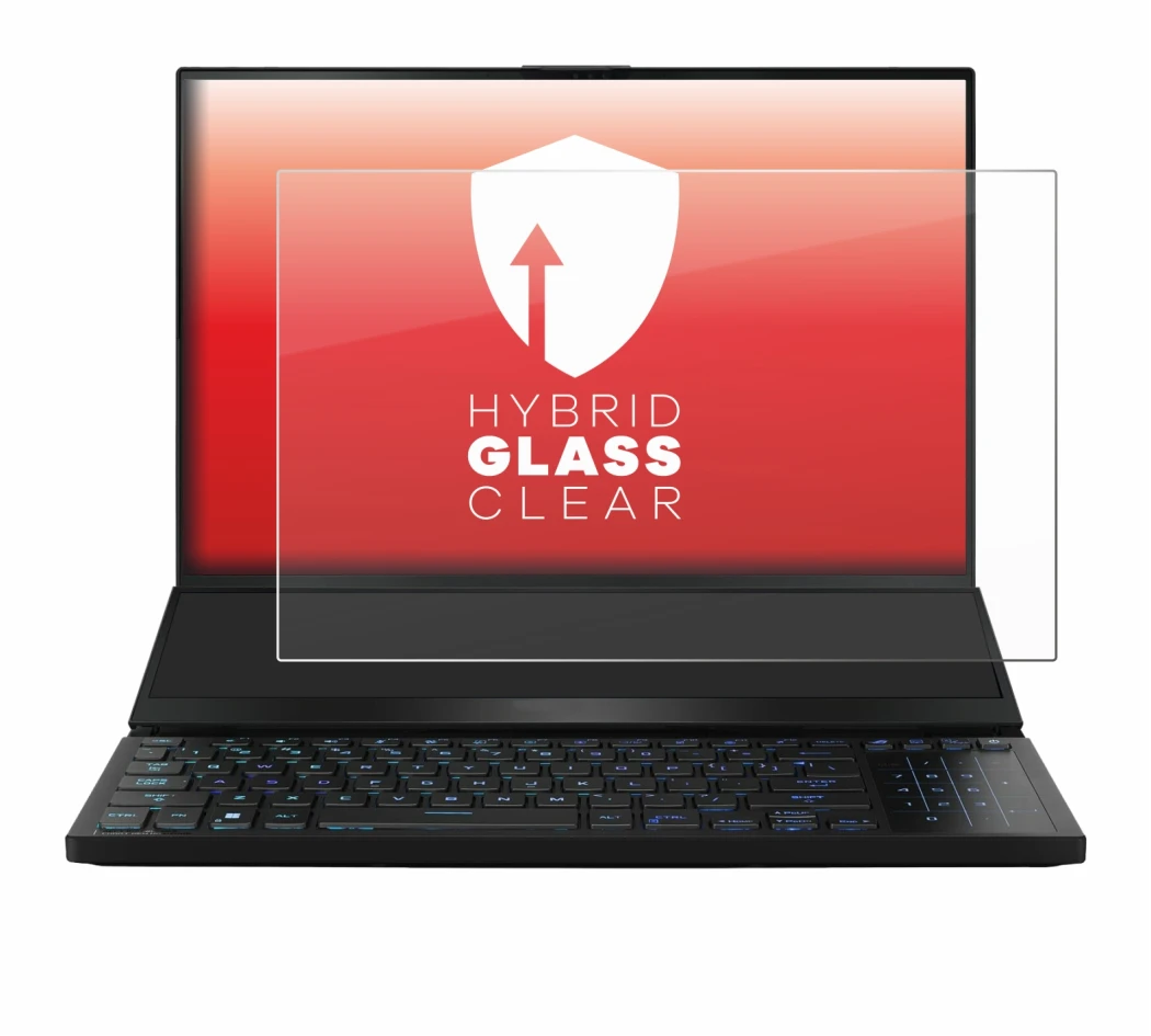 Immagine del dispositivo ASUS ROG Zephyrus Duo 16 2023 con un'ampia varietà di protezioni per lo schermo.