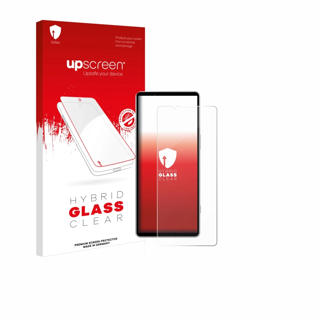 Parte frontale di una confezione del prodotto con il logo del marchio upscreen. Accanto è raffigurato il dispositivo Sony Xper