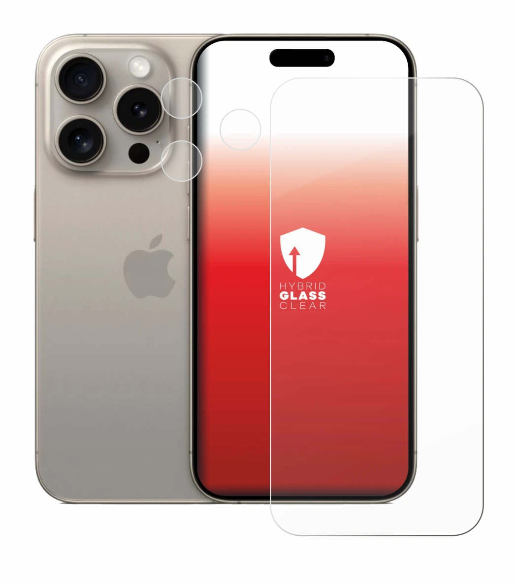 Immagine del dispositivo Apple iPhone 15 Pro (Fronte+Fotocamera) con un'ampia varietà di protezioni per lo schermo.