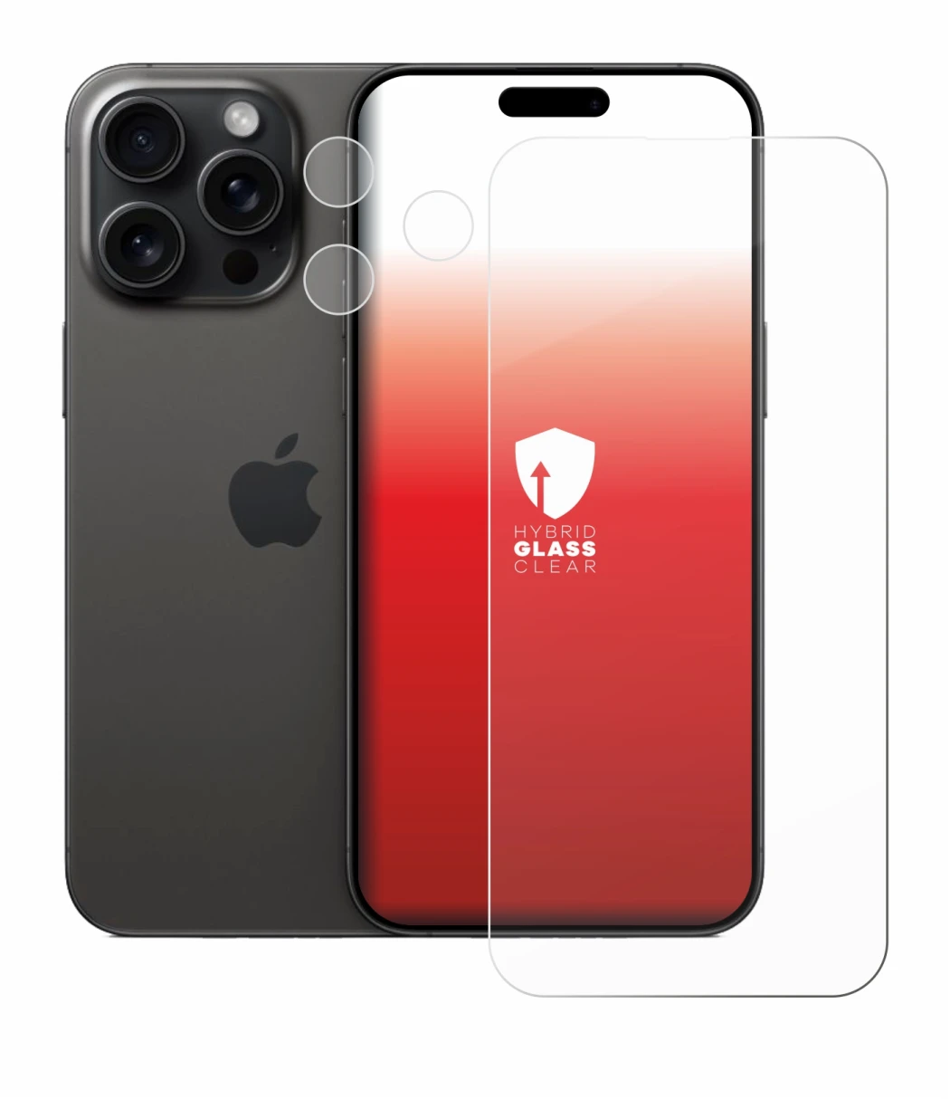 Immagine del dispositivo Apple iPhone 15 Pro Max (Fronte+Fotocamera) con un'ampia varietà di protezioni per lo schermo.