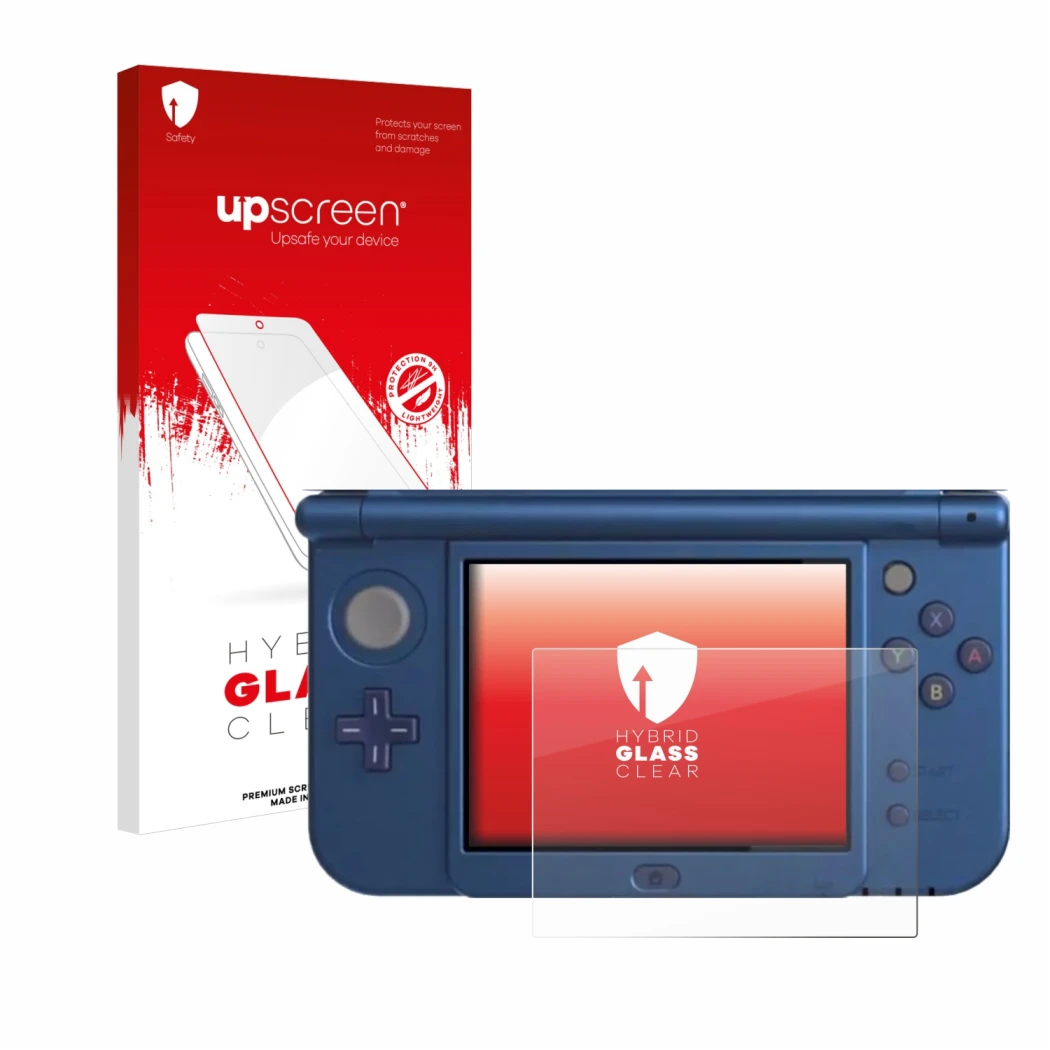 Parte frontale di una confezione del prodotto con il logo del marchio upscreen. Accanto è raffigurato il dispositivo Nintendo 