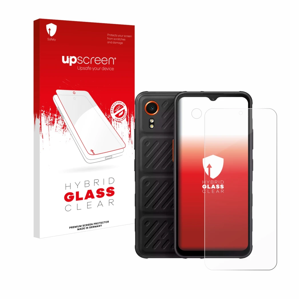 Parte frontale di una confezione del prodotto con il logo del marchio upscreen. Accanto è raffigurato il dispositivo Samsung G