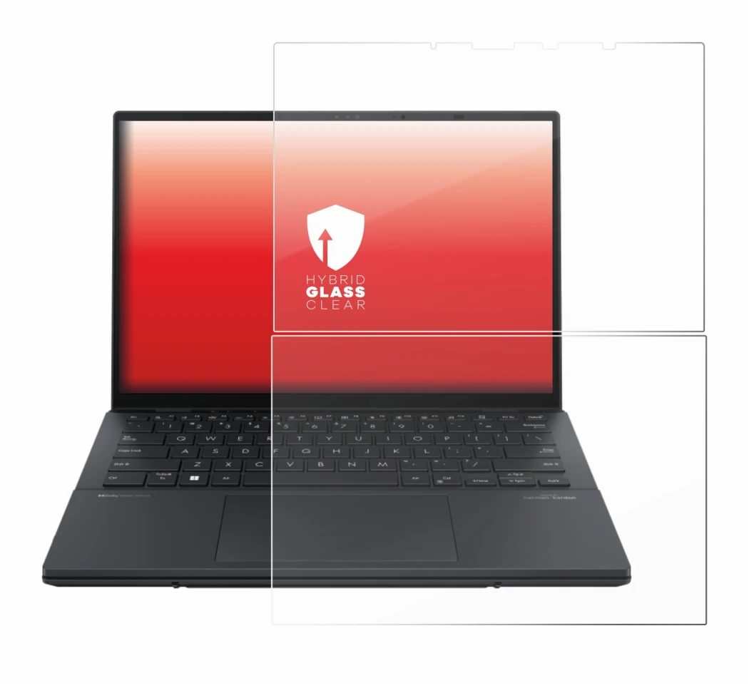 Immagine del dispositivo ASUS ZenBook Duo OLED 2024 UX8406 con un'ampia varietà di protezioni per lo schermo.