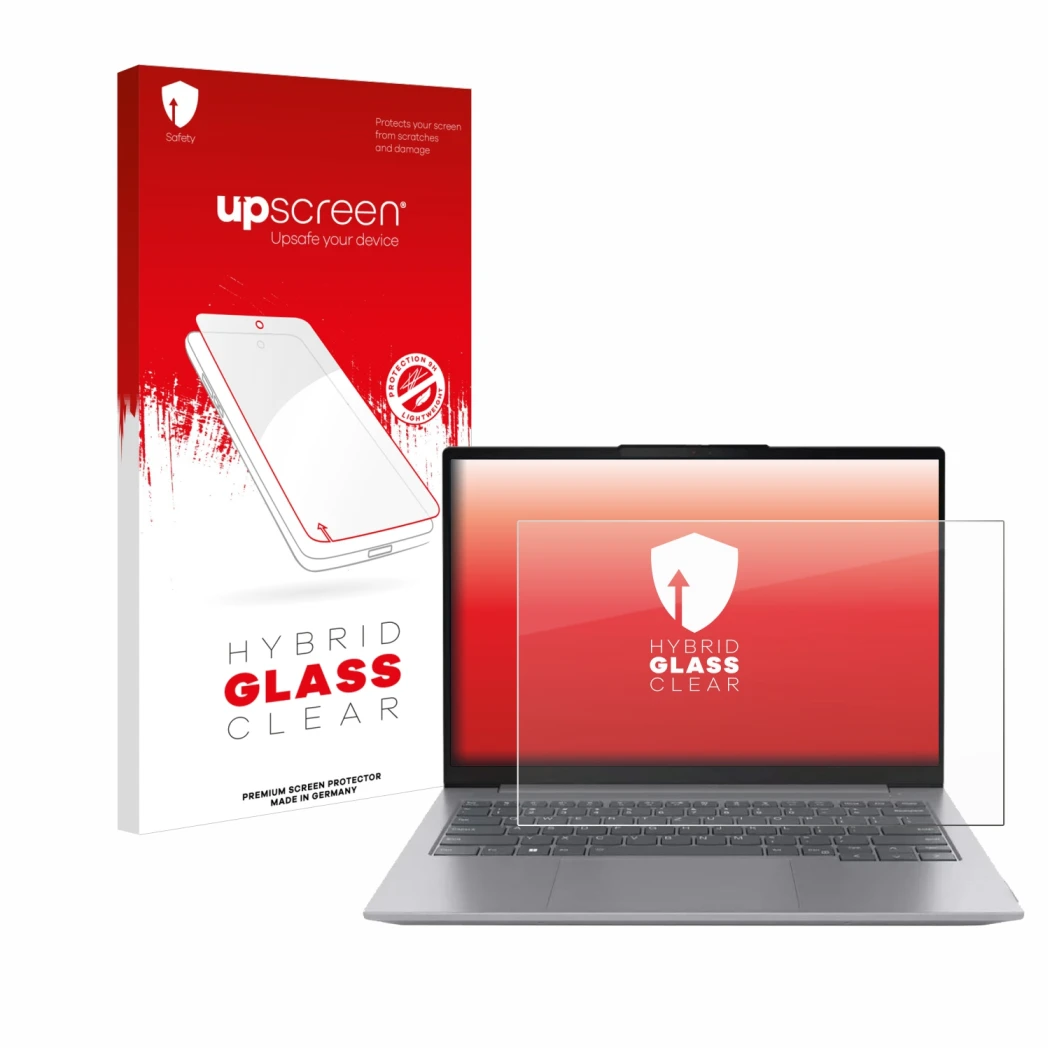 Parte frontale di una confezione del prodotto con il logo del marchio upscreen. Accanto è raffigurato il dispositivo Lenovo Th