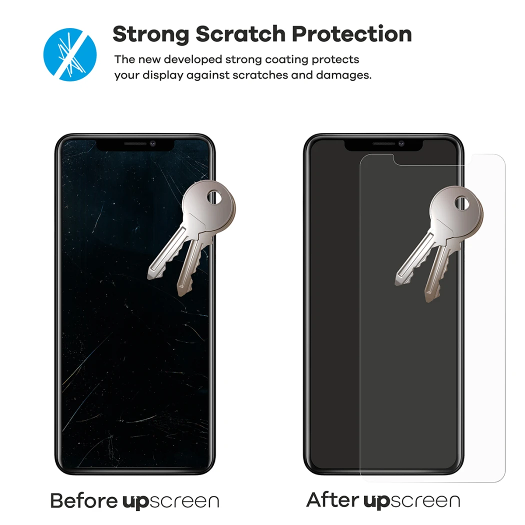 2 smartphones – één met upscreen, één zonder. Bij elk liggen 2 sleutels. De smartphone zonder upscreen is sterk bekrast, die m