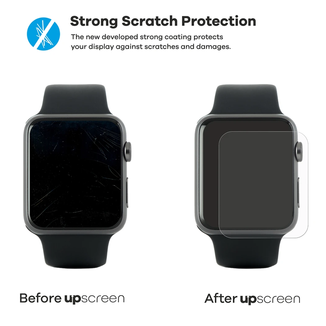 2 smartphones – één met upscreen, één zonder. Bij elk liggen 2 sleutels. De smartphone zonder upscreen is sterk bekrast, die m