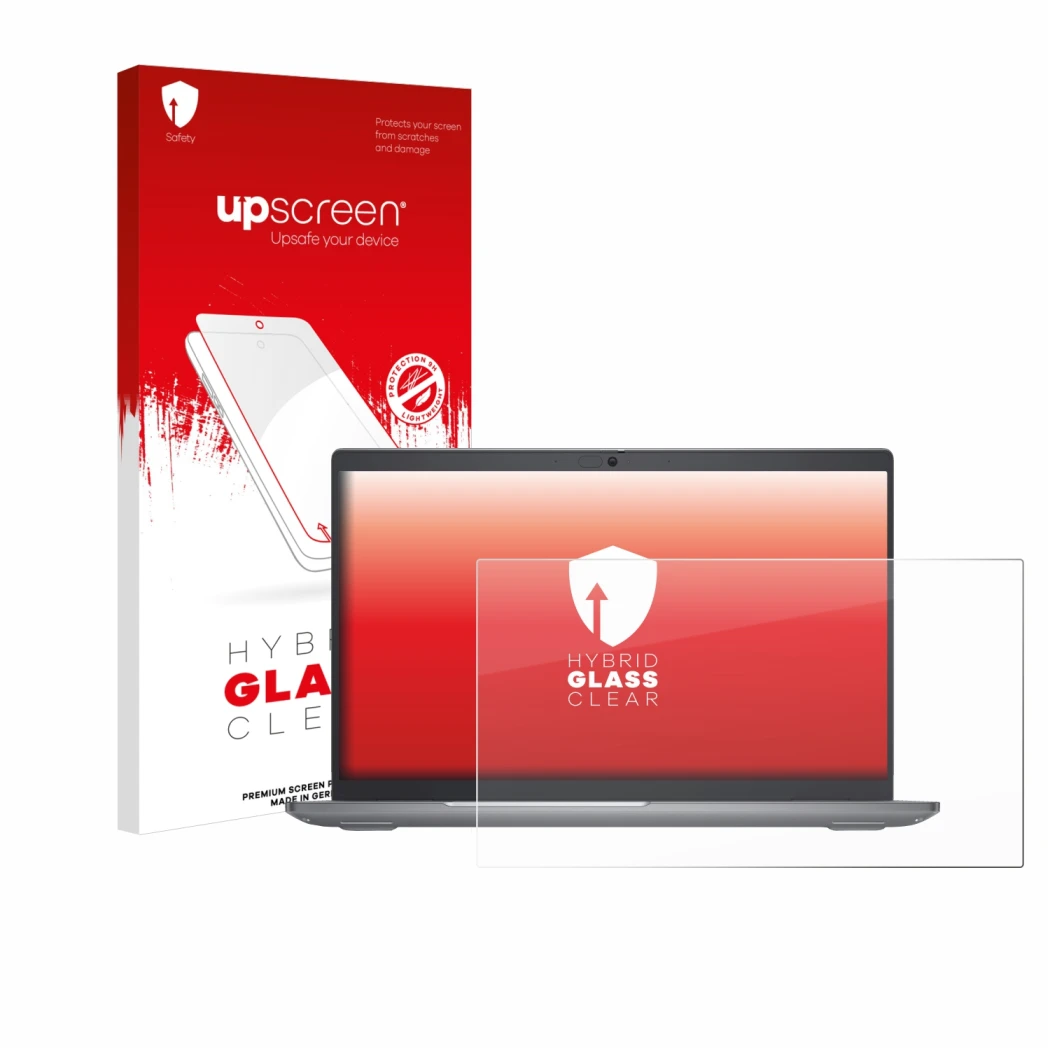 Parte frontale di una confezione del prodotto con il logo del marchio upscreen. Accanto è raffigurato il dispositivo Dell Lati