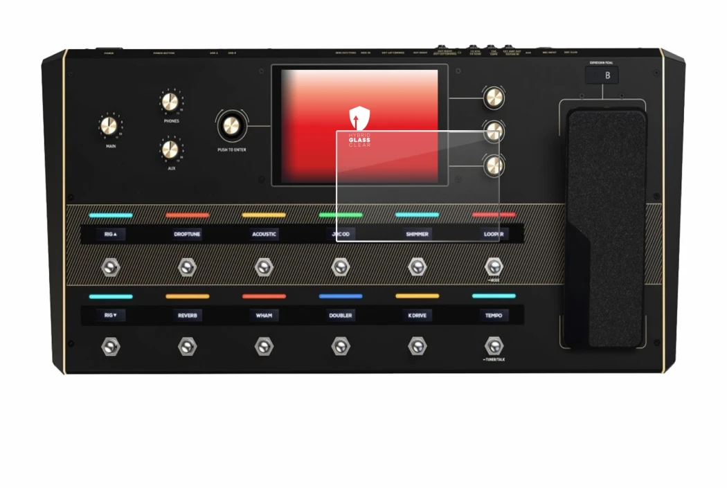 Immagine del dispositivo Headrush Prime con un'ampia varietà di protezioni per lo schermo.