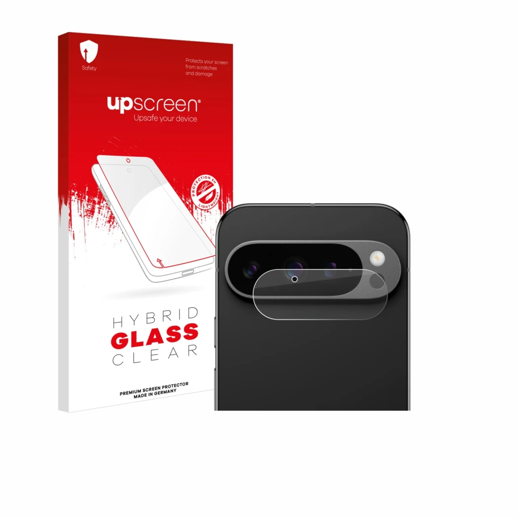 Parte frontale di una confezione del prodotto con il logo del marchio upscreen. Accanto è raffigurato il dispositivo Google Pi