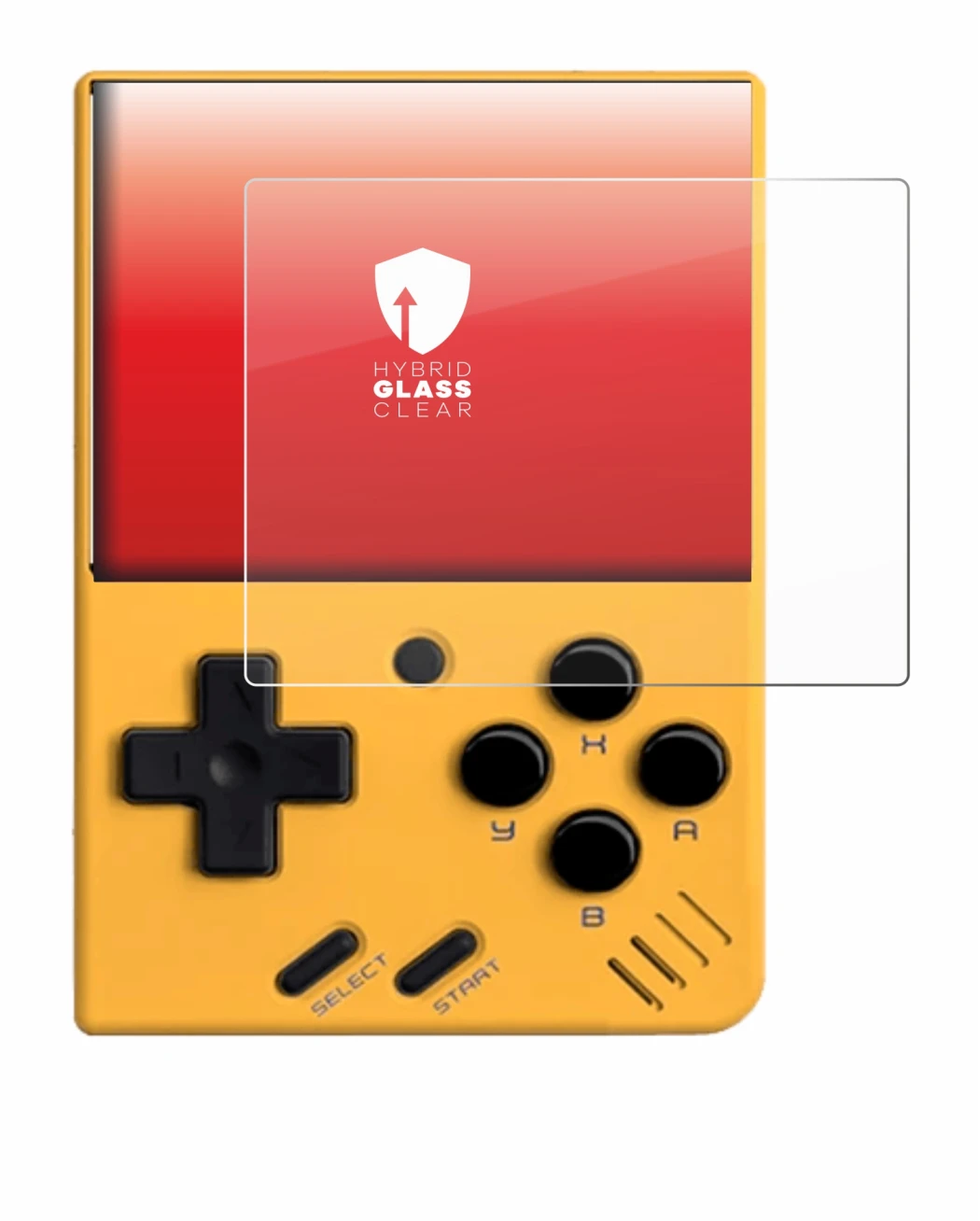 Immagine del dispositivo Miyoo Mini V4 con un'ampia varietà di protezioni per lo schermo.