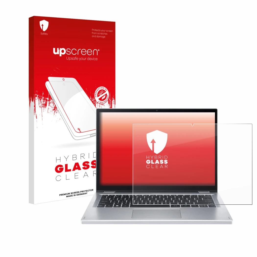 Parte frontale di una confezione del prodotto con il logo del marchio upscreen. Accanto è raffigurato il dispositivo Acer Aspi