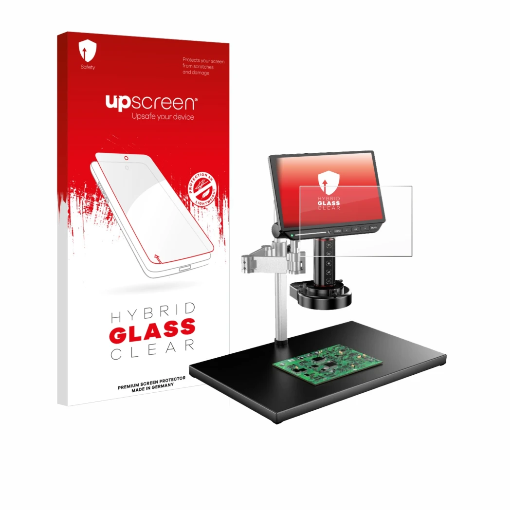 Parte frontale di una confezione del prodotto con il logo del marchio upscreen. Accanto è raffigurato il dispositivo Tomlov TM