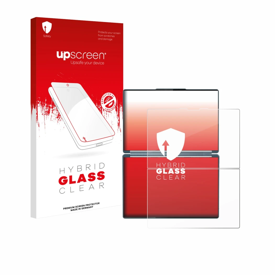 Parte frontale di una confezione del prodotto con il logo del marchio upscreen. Accanto è raffigurato il dispositivo Lenovo Yo