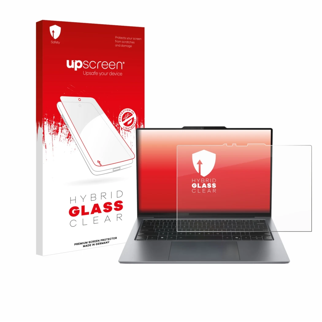 Parte frontale di una confezione del prodotto con il logo del marchio upscreen. Accanto è raffigurato il dispositivo Lenovo Th