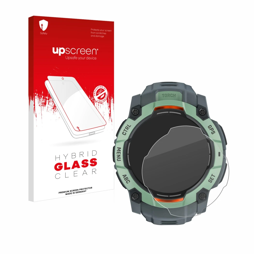 Parte frontale di una confezione del prodotto con il logo del marchio upscreen. Accanto è raffigurato il dispositivo Garmin In