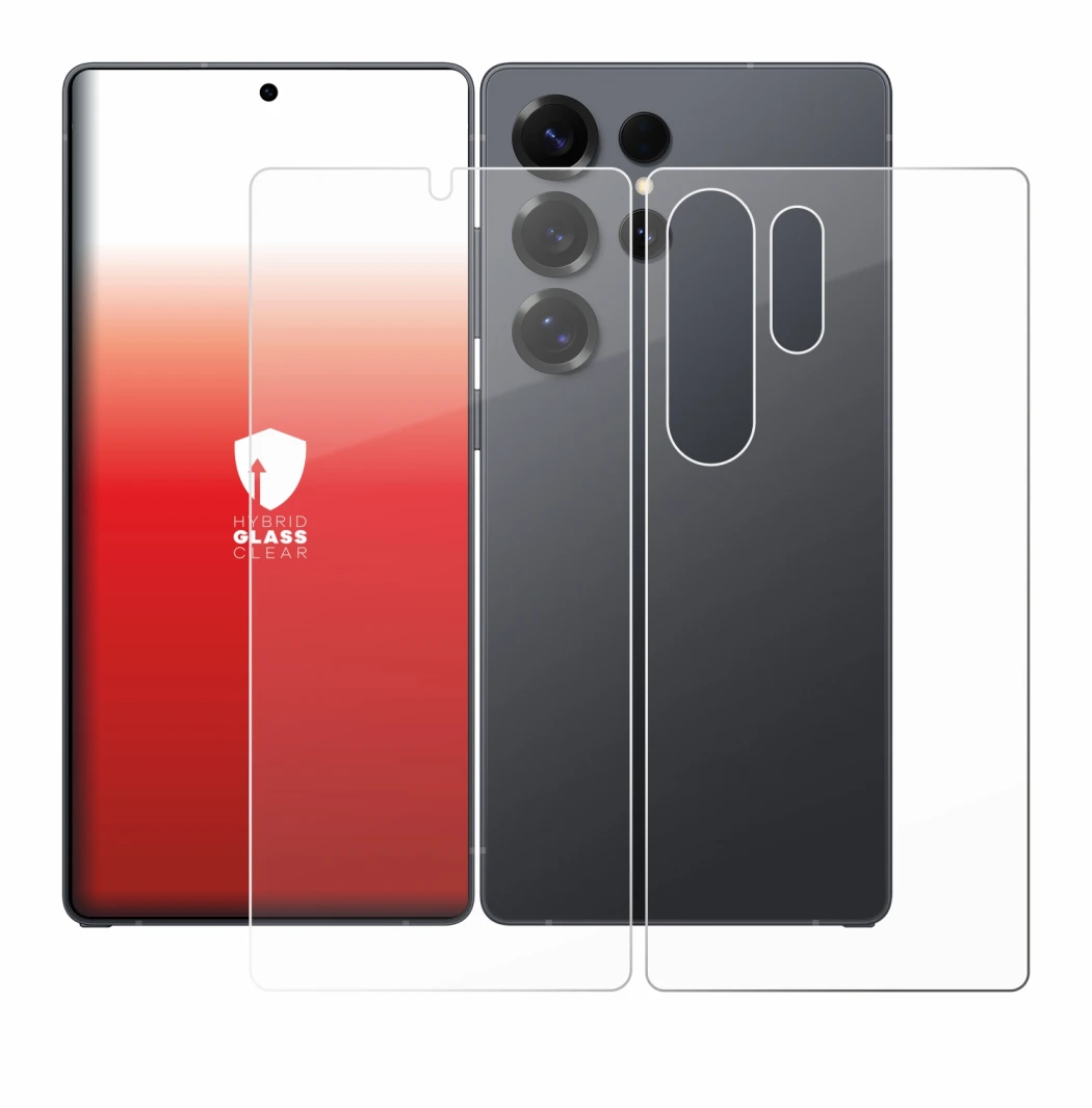 Immagine del dispositivo Samsung Galaxy S25 Ultra (Fronte+Retro) con un'ampia varietà di protezioni per lo schermo.