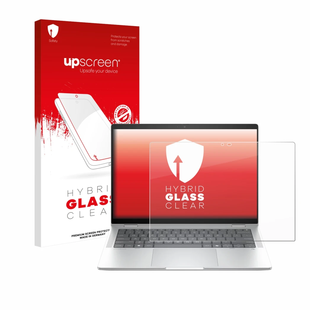 Parte frontale di una confezione del prodotto con il logo del marchio upscreen. Accanto è raffigurato il dispositivo HP EliteB