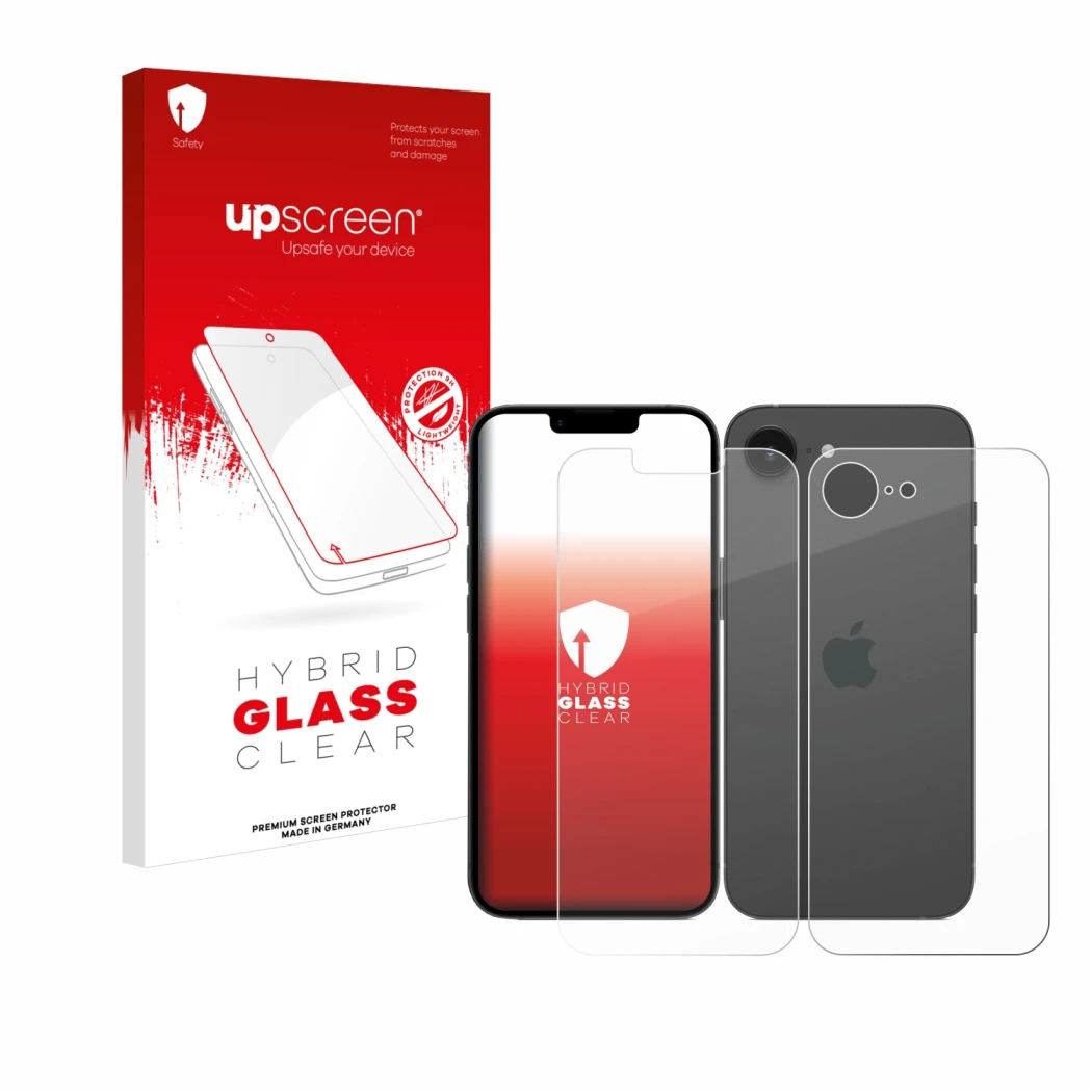 Parte frontale di una confezione del prodotto con il logo del marchio upscreen. Accanto è raffigurato il dispositivo Apple iPh