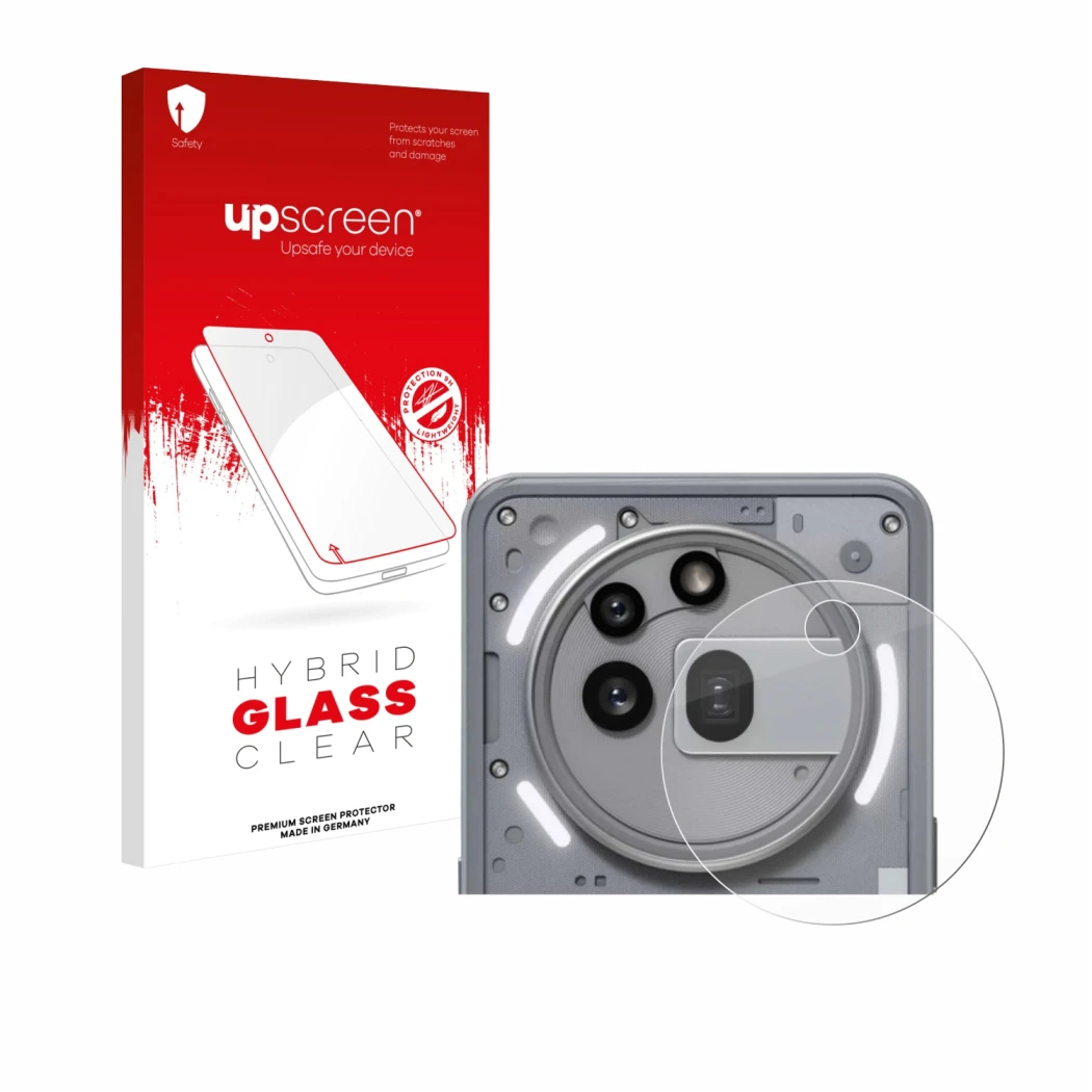 Parte frontale di una confezione del prodotto con il logo del marchio upscreen. Accanto è raffigurato il dispositivo Nothing P