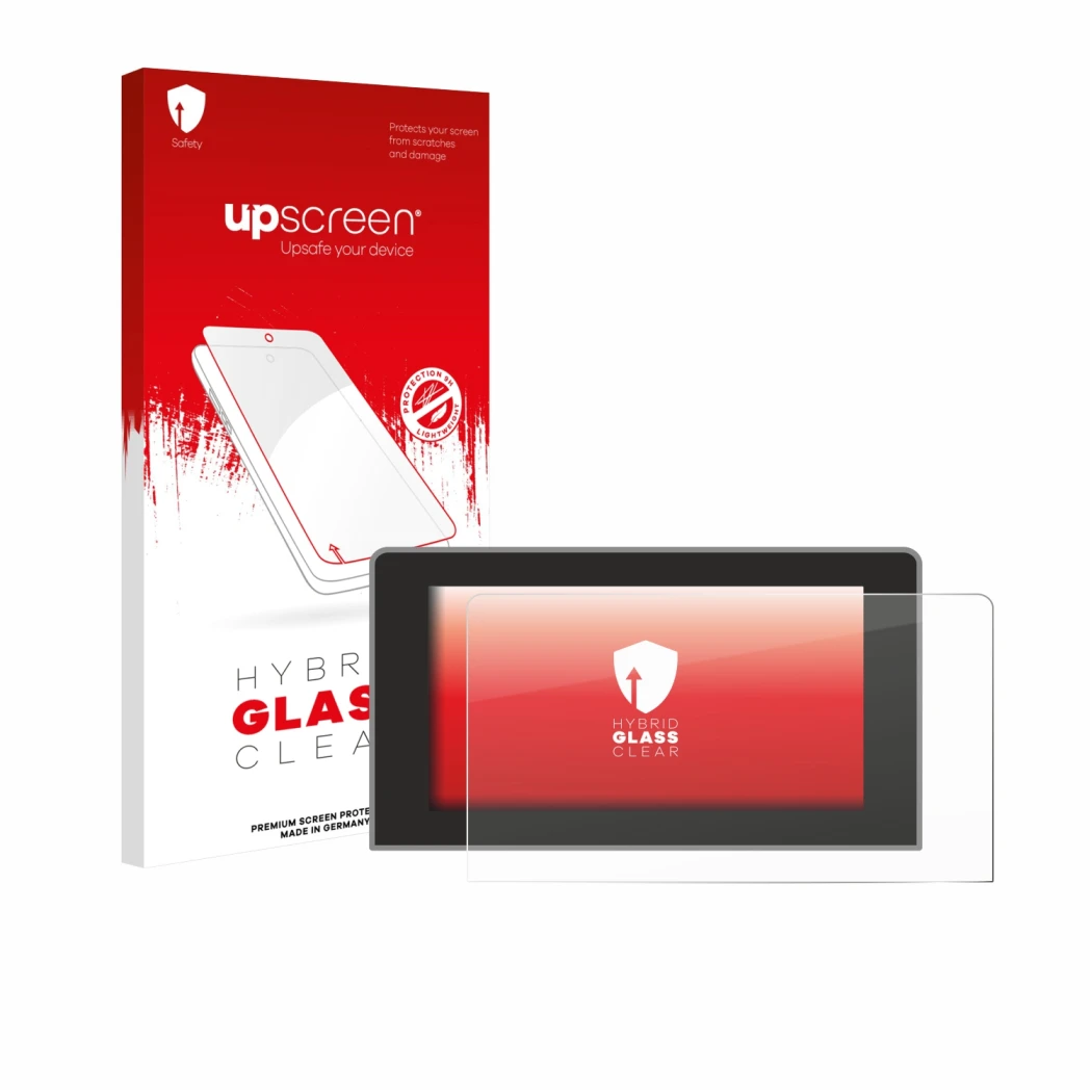 Parte frontale di una confezione del prodotto con il logo del marchio upscreen. Accanto è raffigurato il dispositivo Volkswage