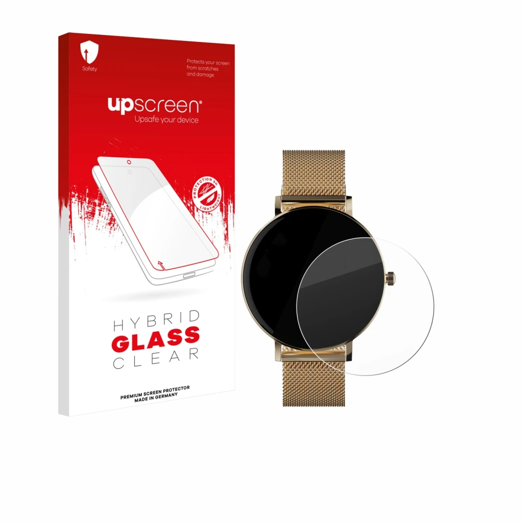 Parte frontale di una confezione del prodotto con il logo del marchio upscreen. Accanto è raffigurato il dispositivo ZenWatch 
